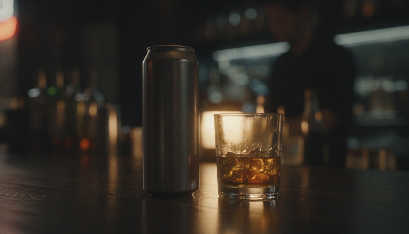 Dim bar counter late at night with a plain unlabeled slim metal can beside a half-full glass, warm light reflecting off the metal