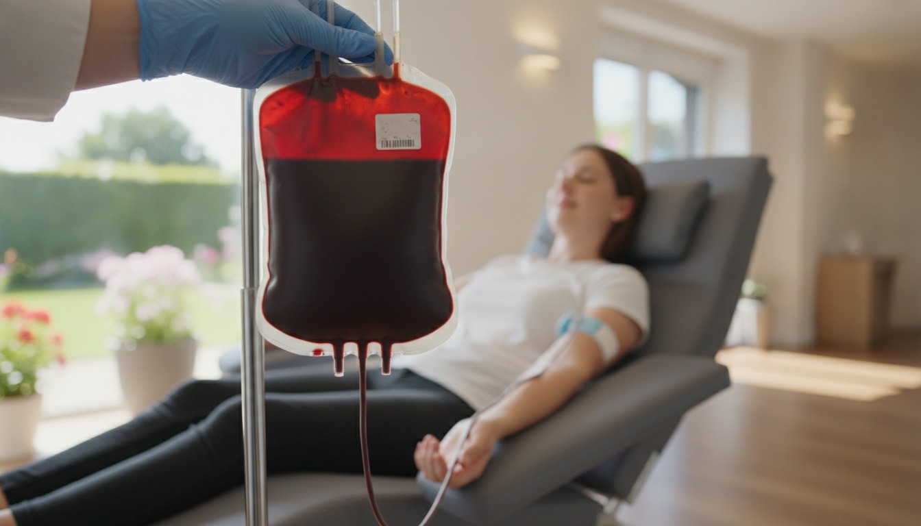 A gloved hand steadying a filled blood donation bag beside a reclining donor chair in bright daylight