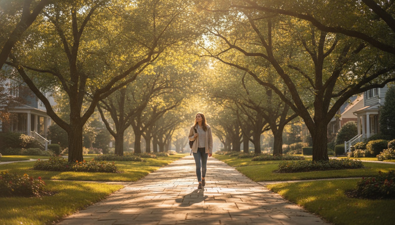 Person walking on a tree-lined neighborhood path on a sunny afternoon with warm golden light filtering through leaves