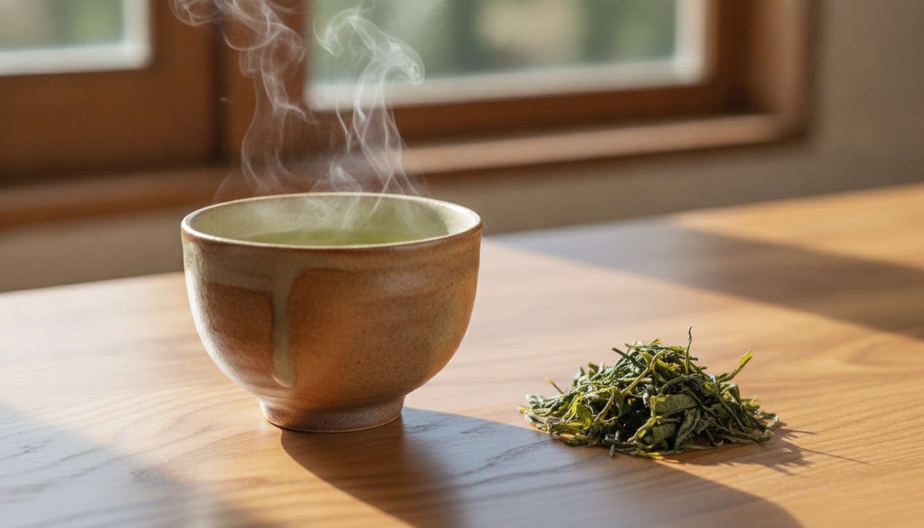 A ceramic cup of freshly brewed green tea steaming on a wooden table beside a small pile of loose tea leaves in soft morning light