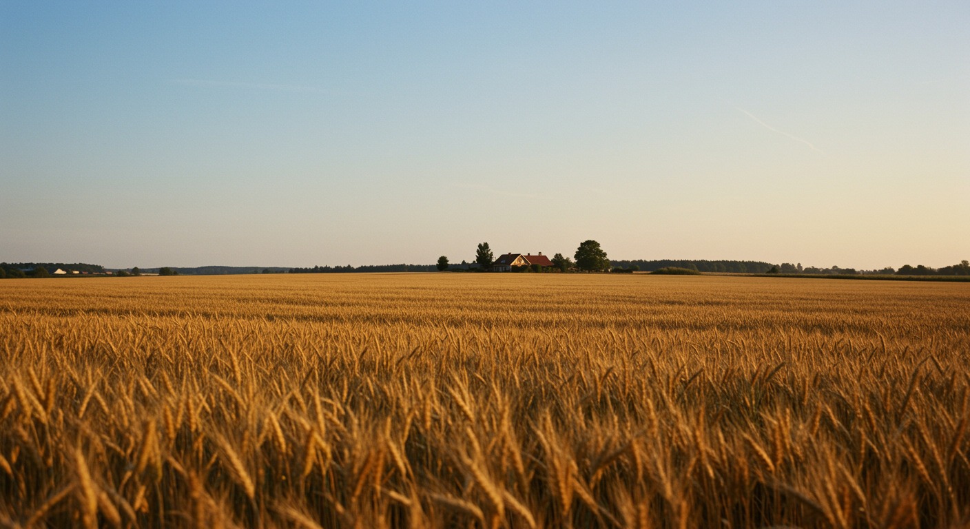 A wide golden wheat field under bright sunlight with a clear blue sky and a small farmhouse in the distance
