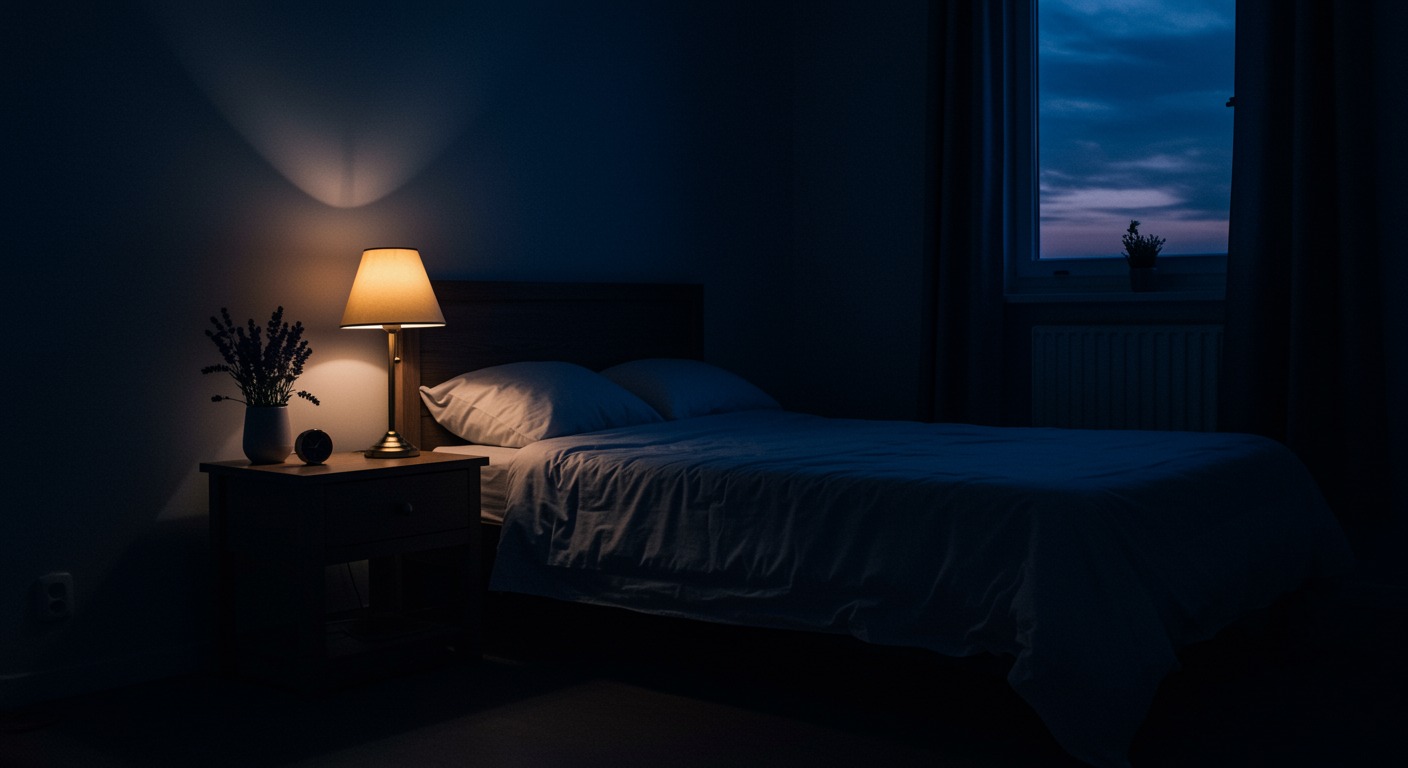 Minimalist bedroom at twilight with deep blue and lavender tones and a single bedside lamp glowing