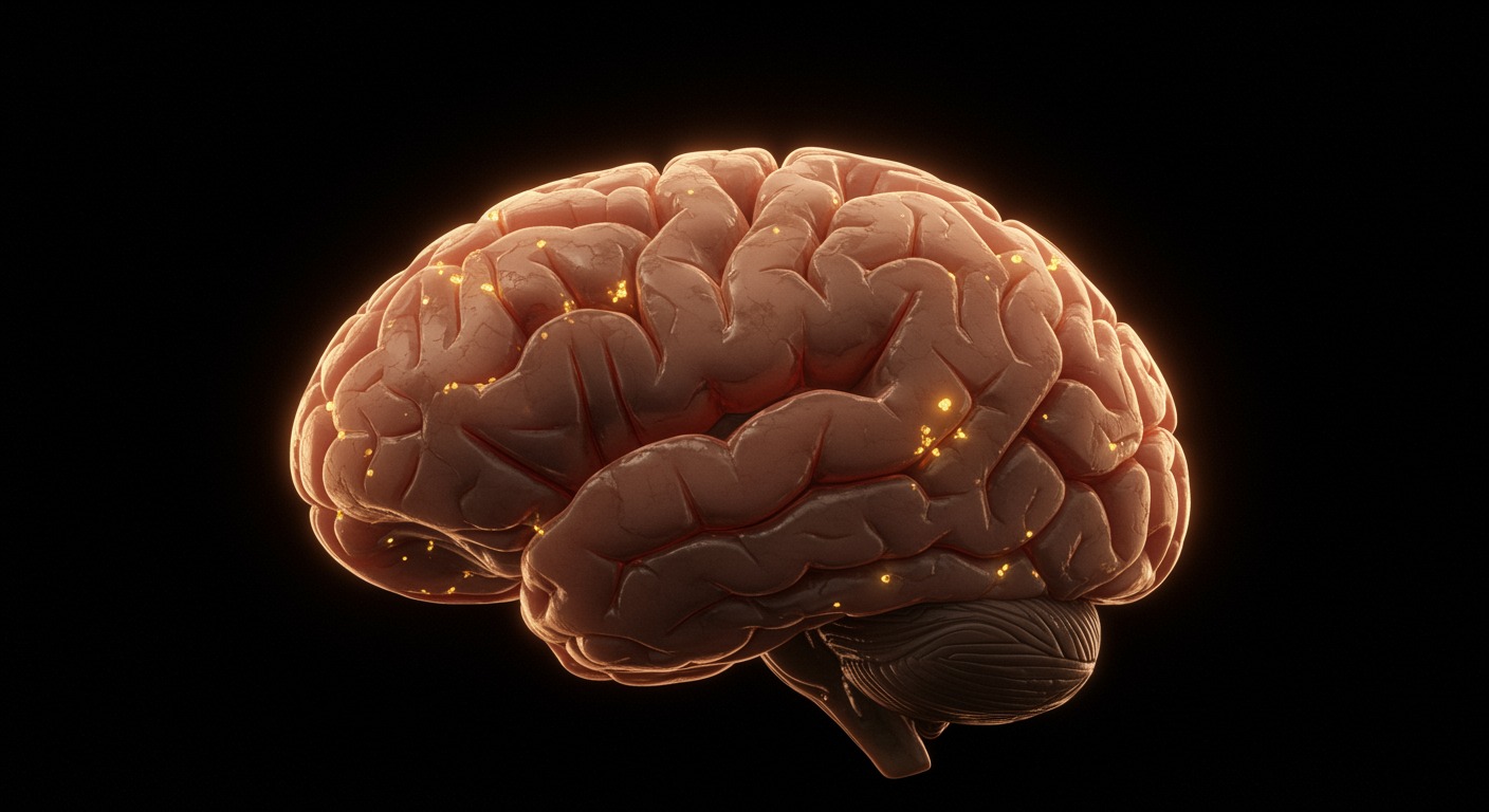 Brain tissue with neural connections and soft golden lighting