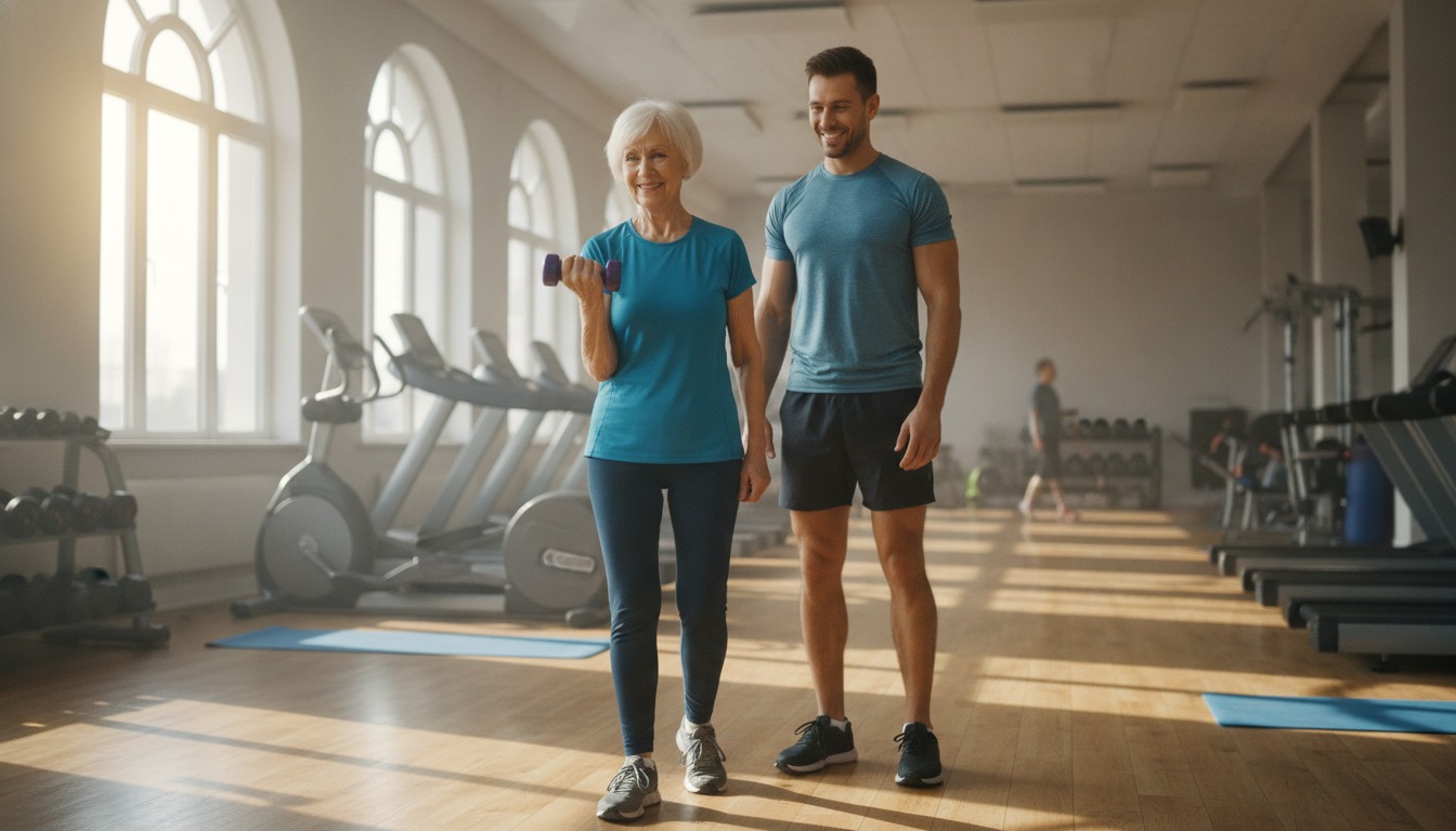 Older adult lifting a light dumbbell in a bright gym while a trainer stands nearby in soft natural light