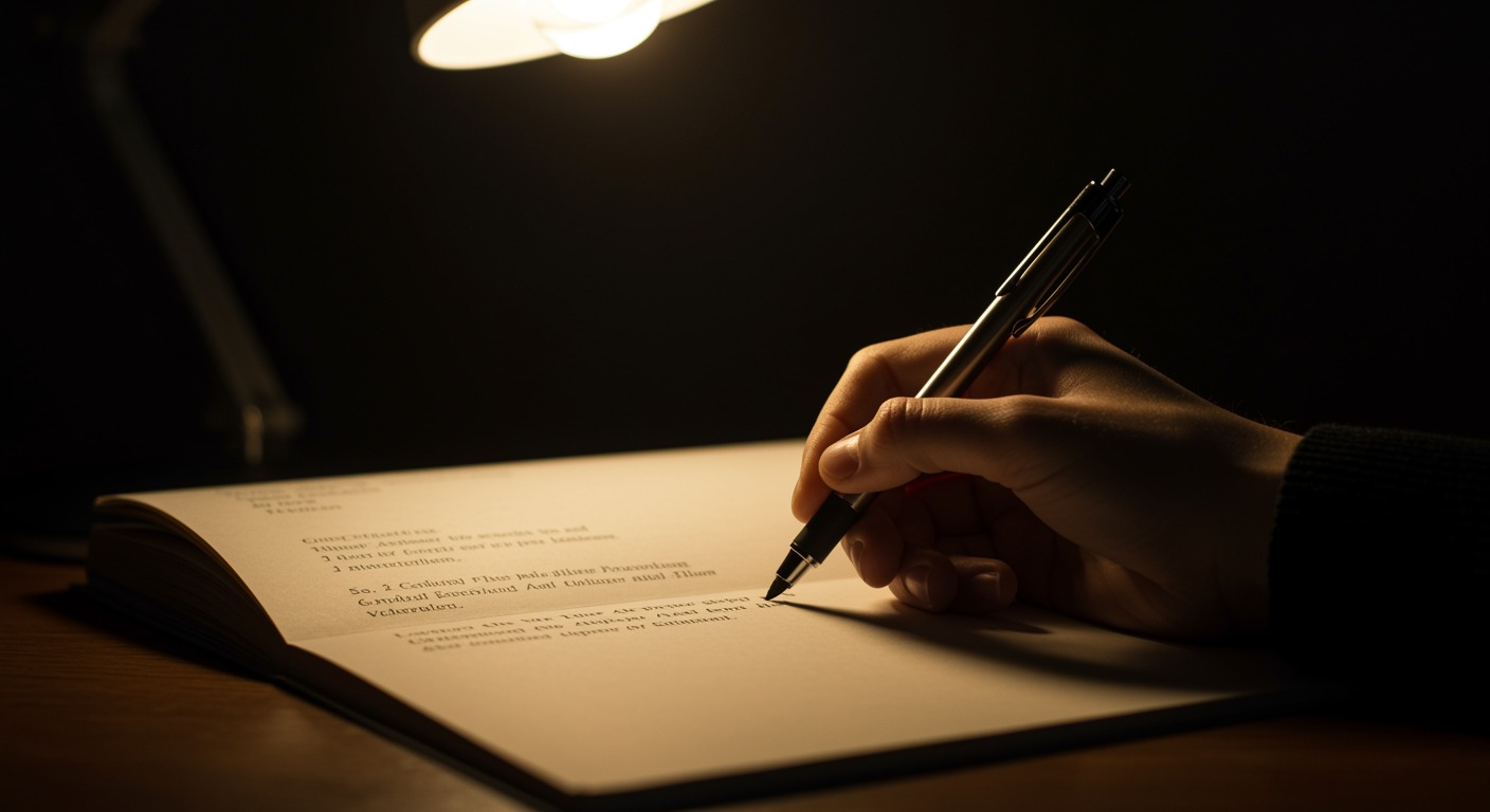 Medical journal with pen highlighting text under warm desk light
