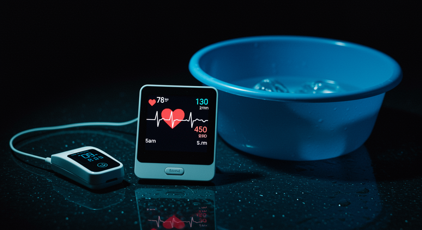 Heart rate monitor displaying pulse with cold water basin nearby