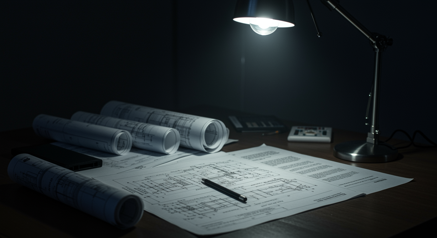 Government documents and industrial blueprints spread on desk with overhead lighting