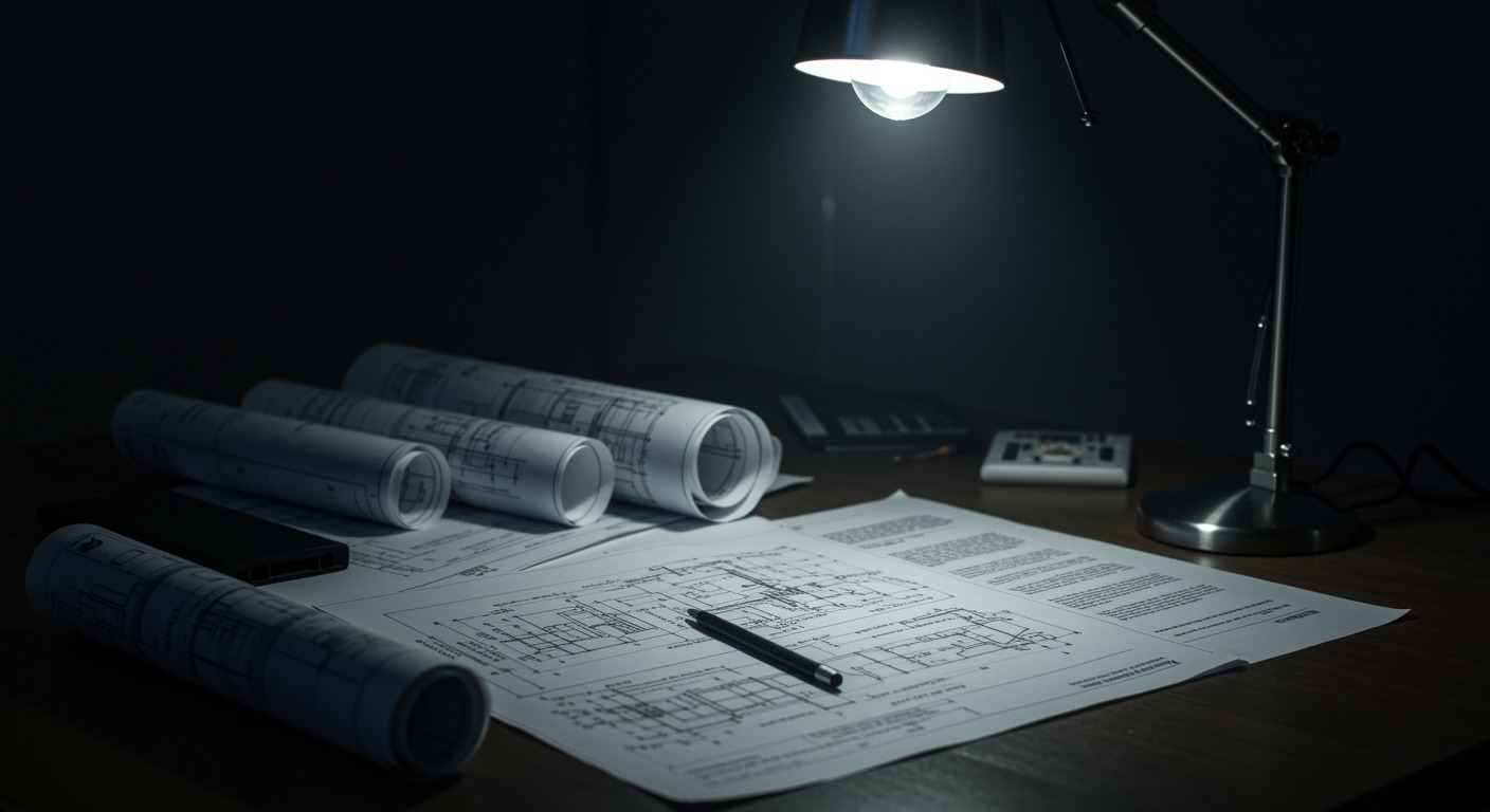 Government documents and industrial blueprints spread on desk with overhead lighting