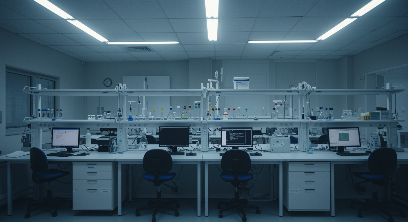 Modern research laboratory with collaborative workstations under clean white lighting