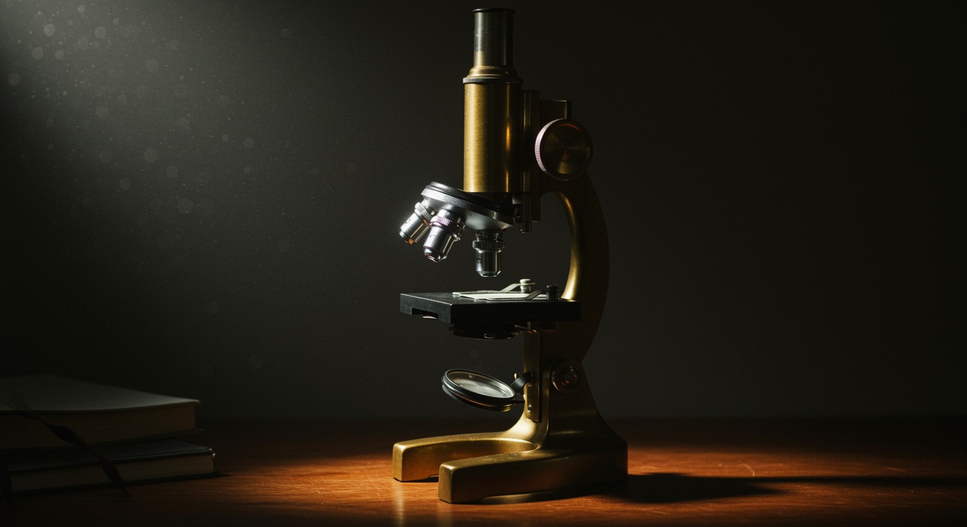 Antique brass microscope on wooden desk, soft window light, no text, vintage scientific instrument