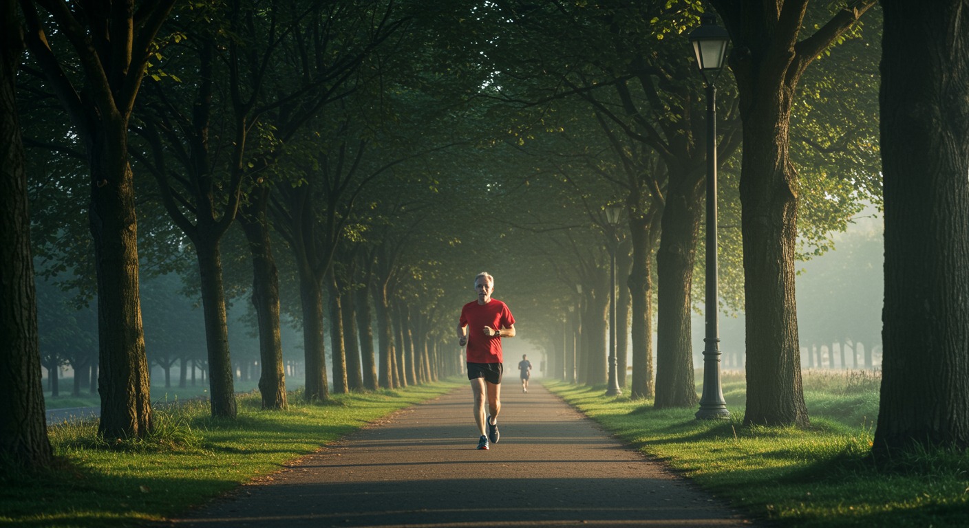Middle-aged runner jogging along a quiet tree-lined path in soft early morning light