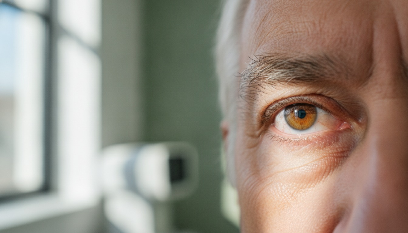 Close-up of an older man's eye during an eye pressure exam in a clinic, soft natural light from a side window