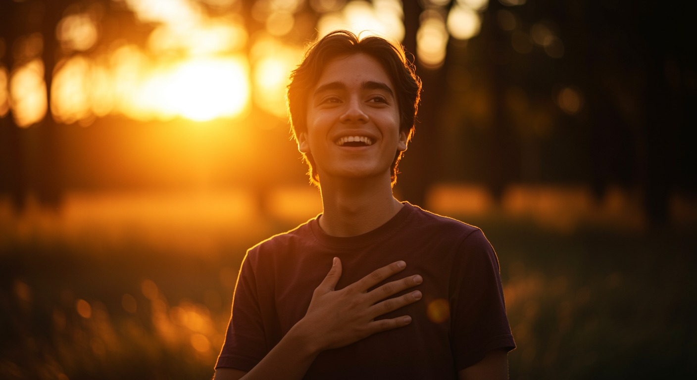 Joyful person placing hand on chest outdoors in golden hour sunlight with warm bokeh background