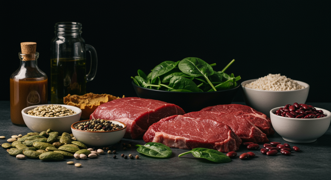 Iron-rich foods like spinach, red meat, and beans arranged on a kitchen counter