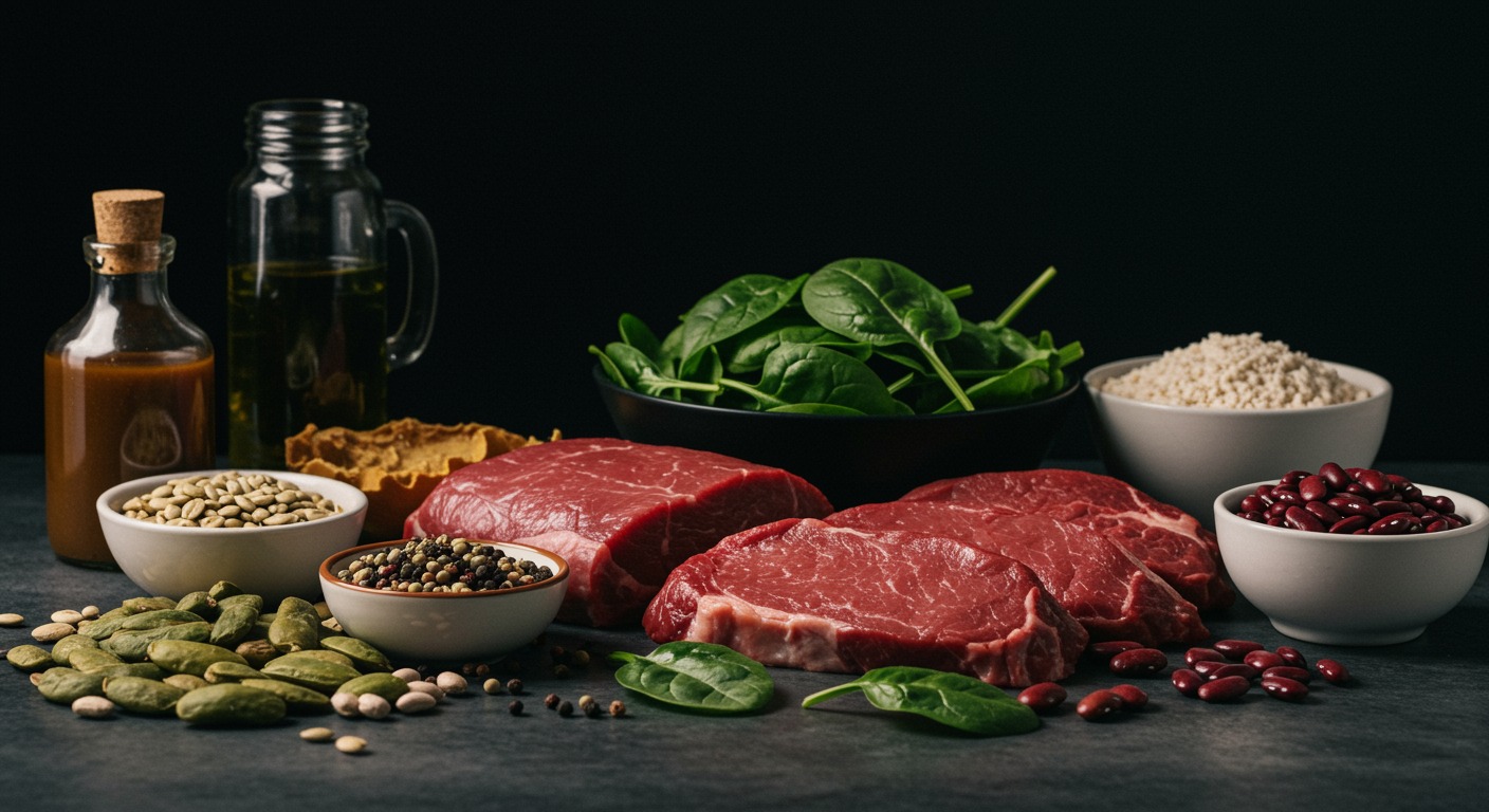 Iron-rich foods like spinach, red meat, and beans arranged on a kitchen counter