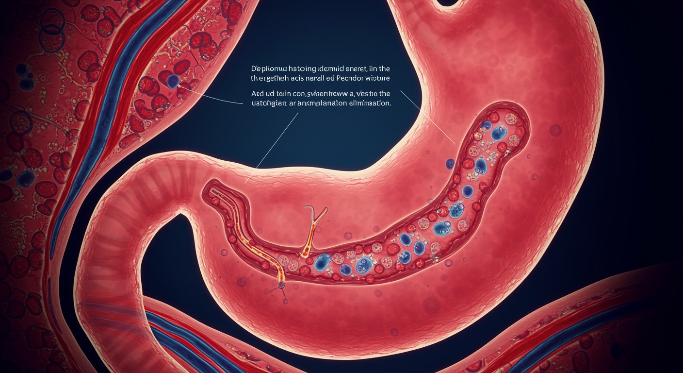 Microscopic view of stomach acid destroying harmful bacteria with anatomical diagram showing gastric acid production and pathogen elimination