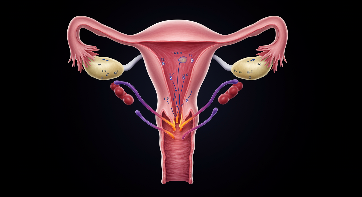 Medical diagram of female reproductive system with hormonal pathways highlighted in soft lighting