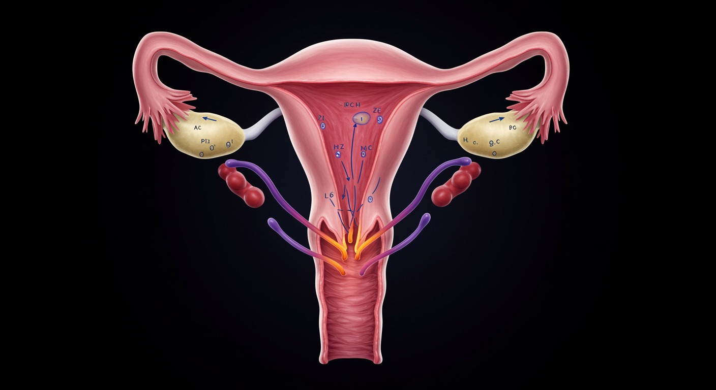 Medical diagram of female reproductive system with hormonal pathways highlighted in soft lighting