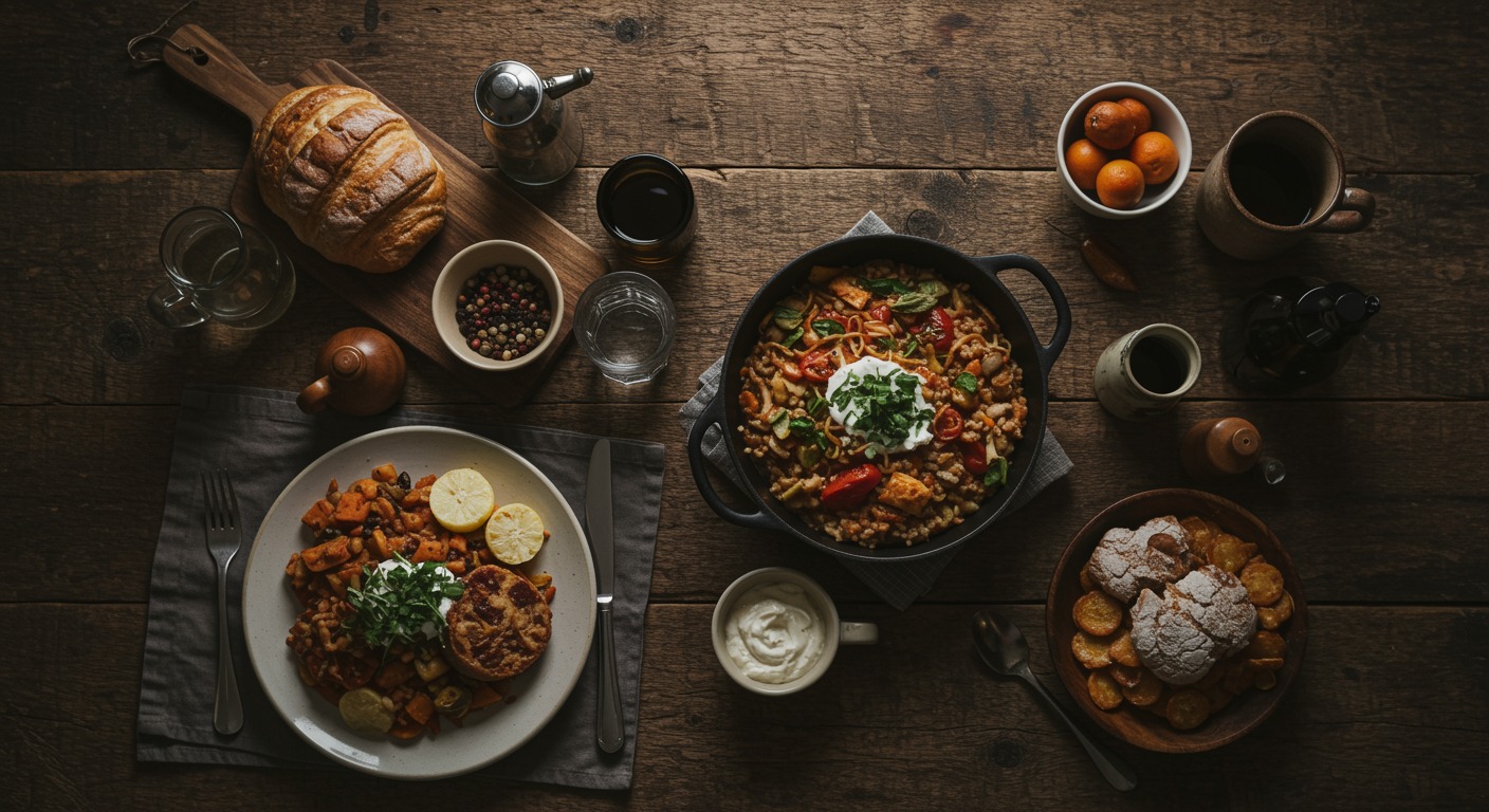 Overhead flat-lay of a wholesome home-cooked meal on a rustic wooden table with warm natural light and earthy tones