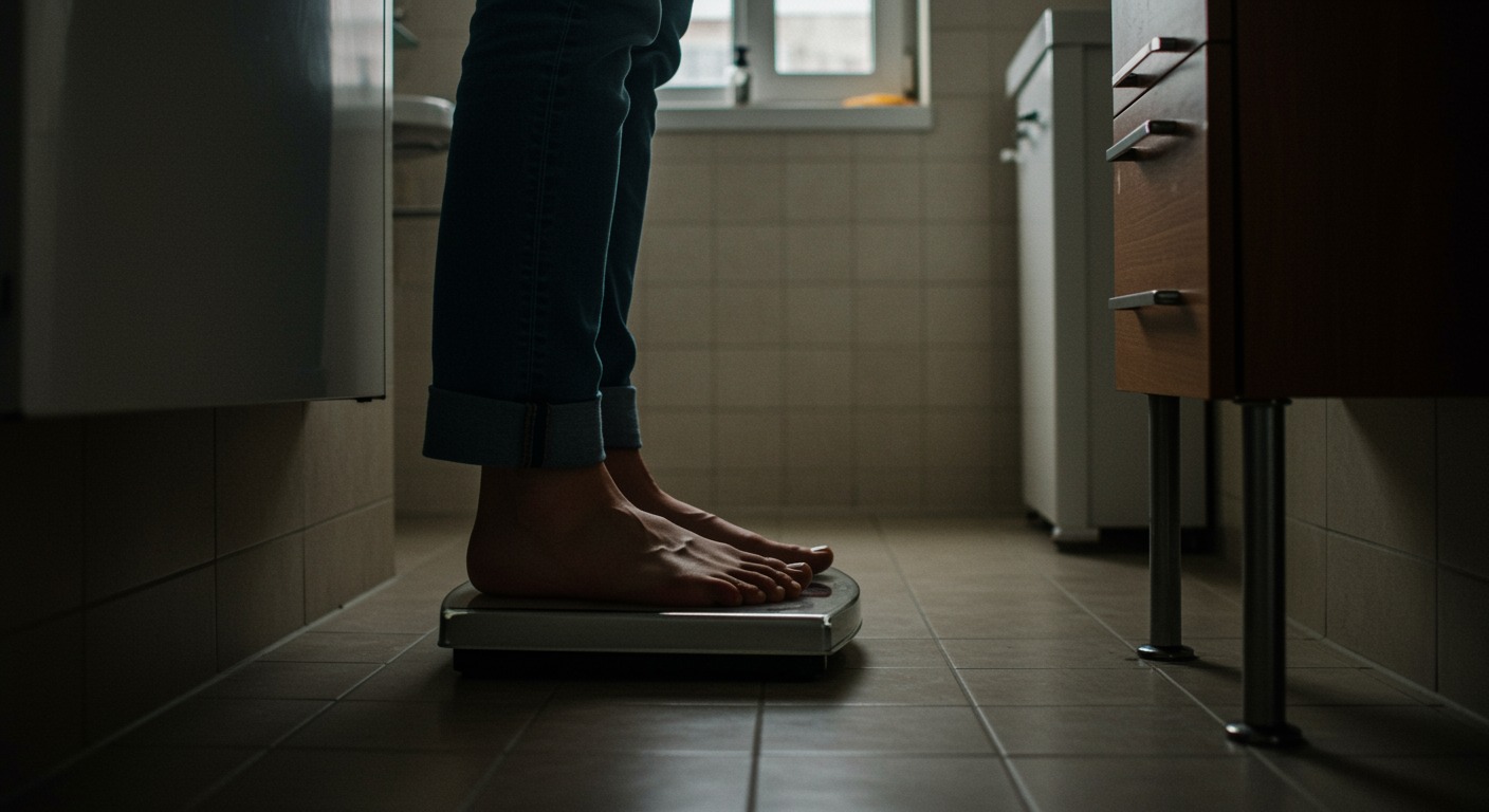 Person stepping on a scale in a bright bathroom with clean neutral tones and soft natural light