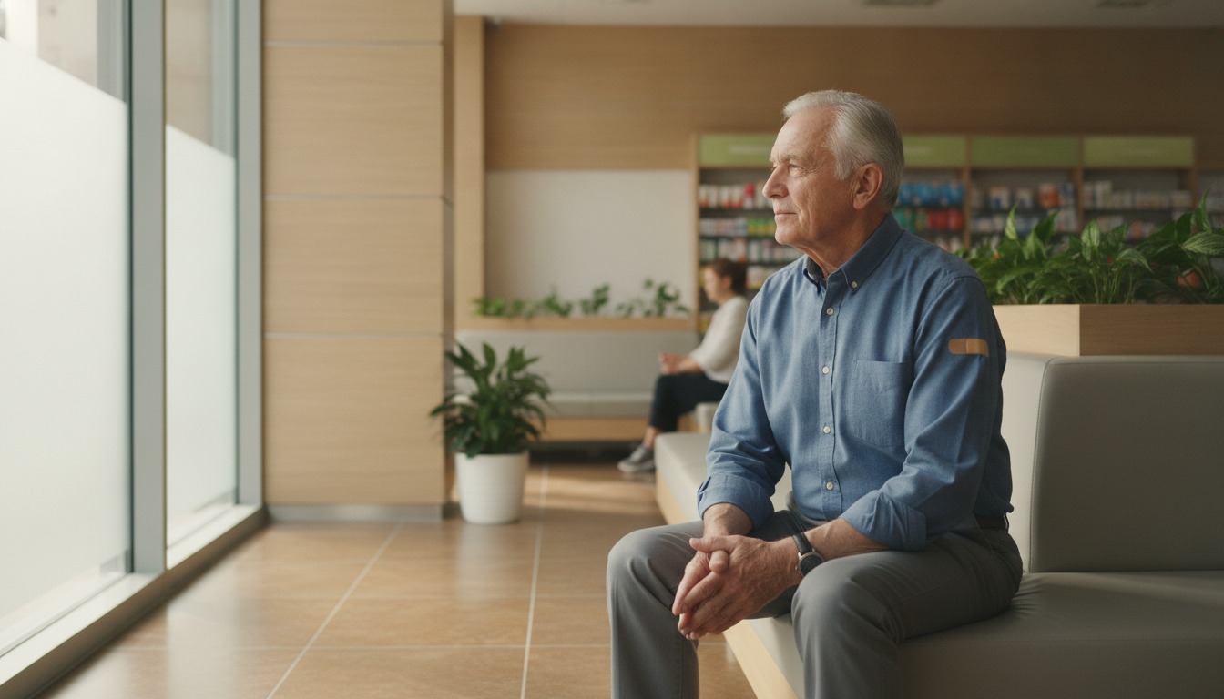 Older man with a small bandage on his upper arm sitting in a bright pharmacy waiting area, soft daylight from a window