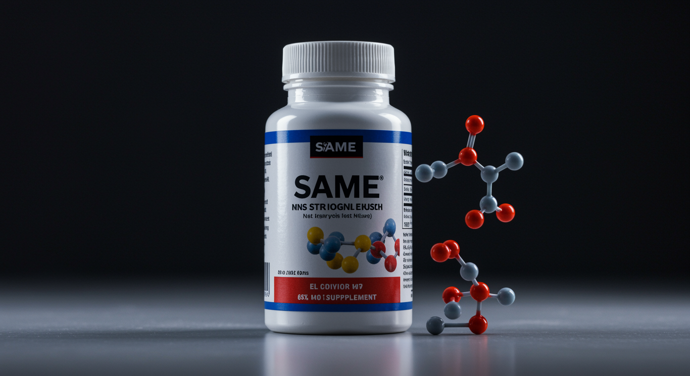 SAMe supplement bottle with molecular structure in soft lighting