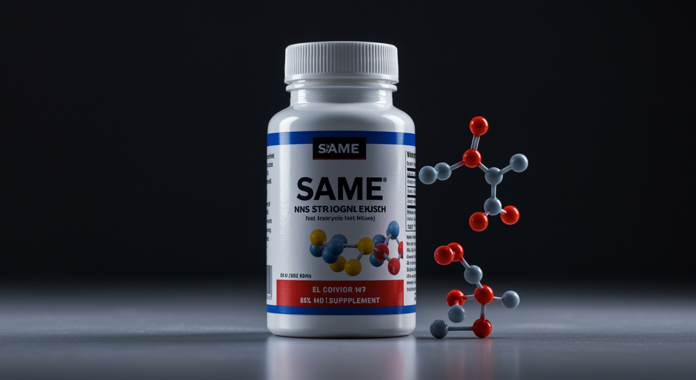 SAMe supplement bottle with molecular structure in soft lighting