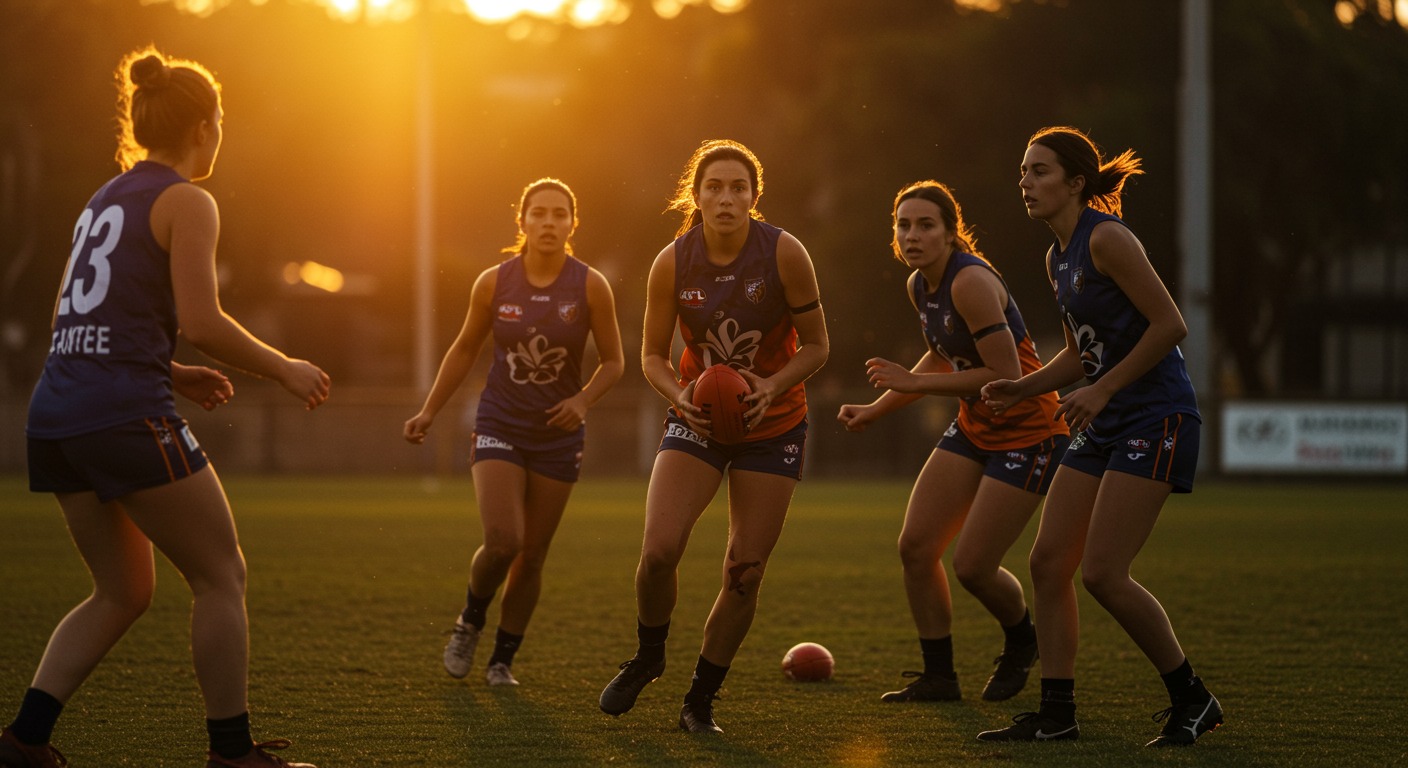 Women's football team training together on a field during golden hour, dynamic sports action showing athleticism and teamwork