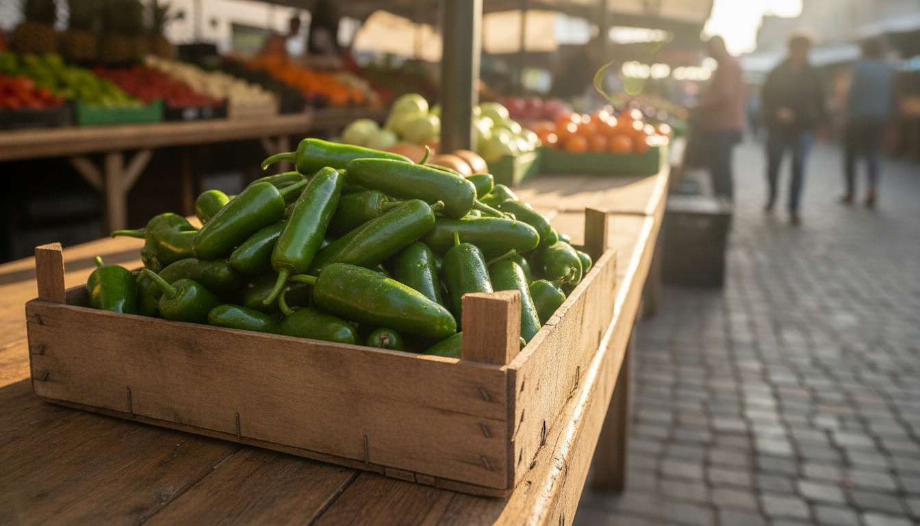 Fresh green jalapeno peppers piled in a wooden crate at a sunlit produce market