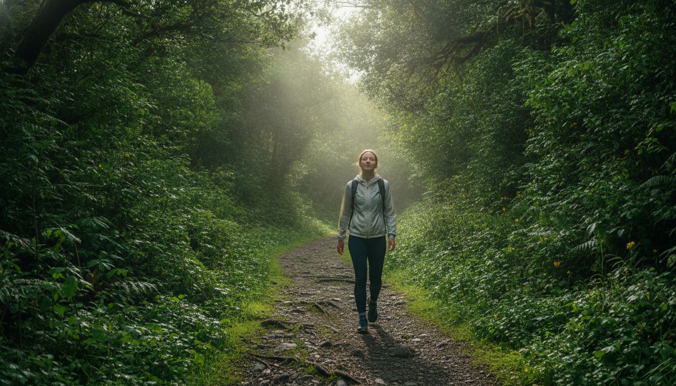 Active person walking on a nature trail with lush green surroundings and bright diffused daylight