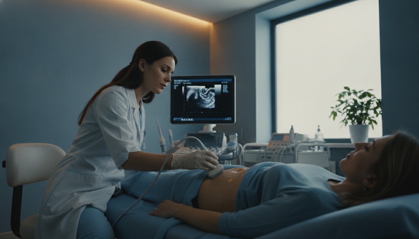 A sonographer moves an ultrasound probe across a patient's upper abdomen in a softly lit clinic room