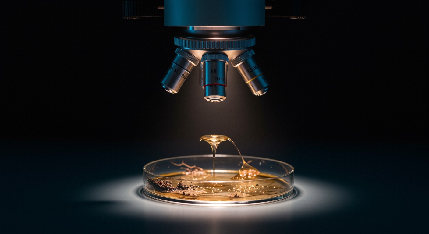 Soil samples and laboratory culture plates under scientific microscope lighting