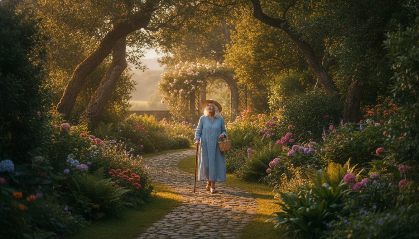 Older adult walking comfortably along a sunlit garden path with warm golden light and lush greenery