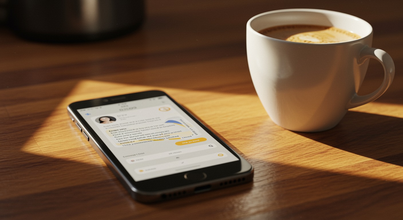 Smartphone screen showing a social media discussion thread on a wooden kitchen table beside a coffee cup in warm morning light