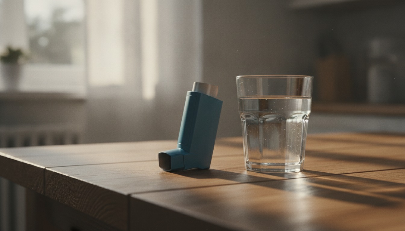 A blue rescue inhaler resting on a wooden kitchen table beside a glass of water in soft morning light