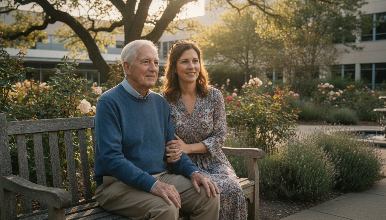 An older man and his adult daughter sitting together on a bench in a sunlit hospital garden, her hand resting on his arm