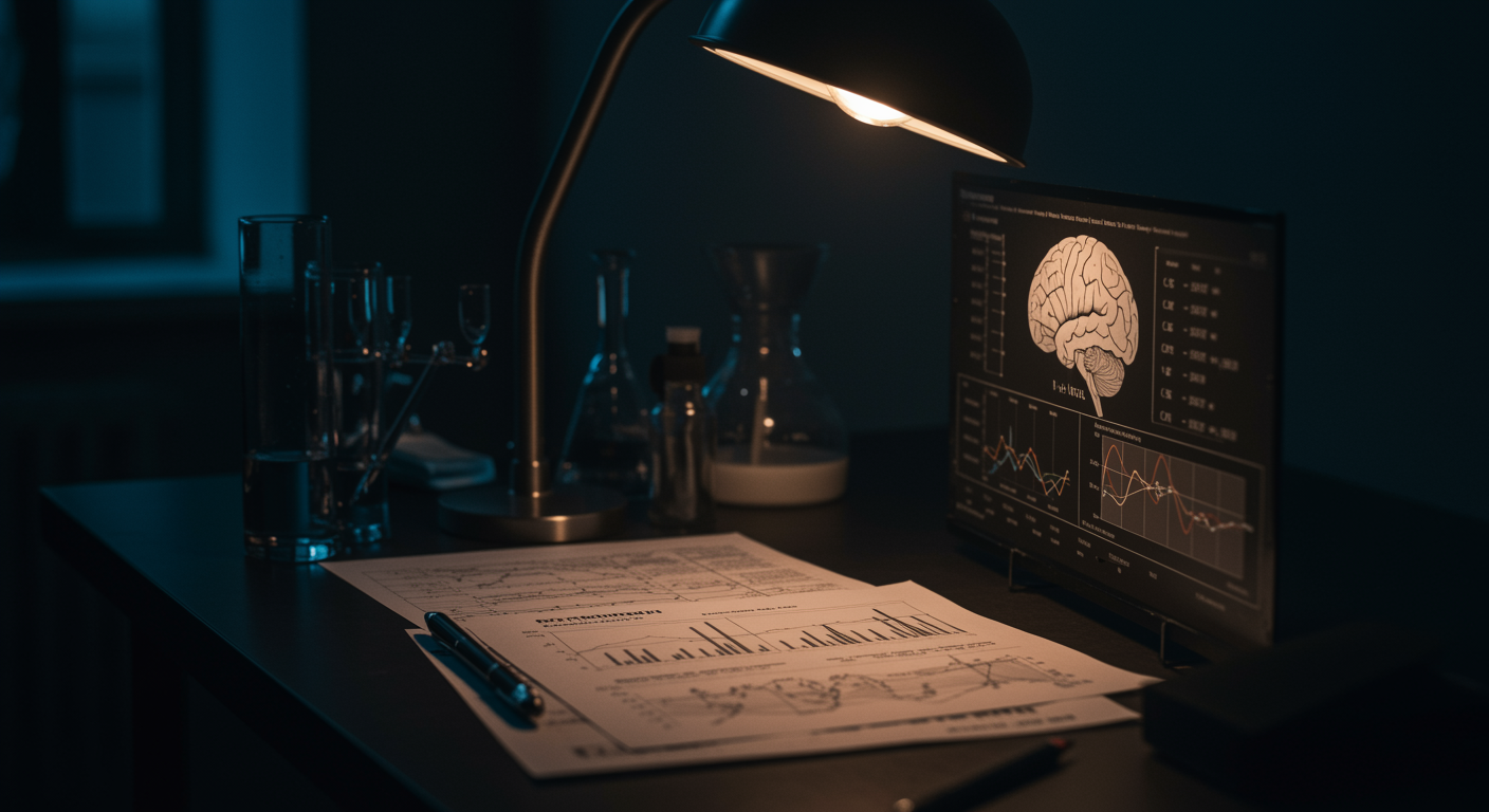Scientific research papers and brain neurotransmitter diagrams on medical desk with analytical lighting