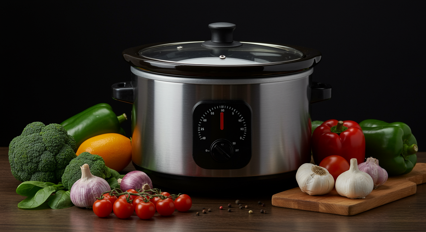 Slow cooker with healthy meal ingredients and timer showing extended cooking time