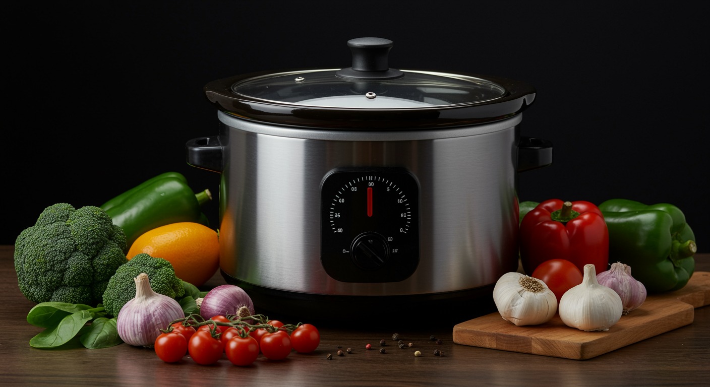 Slow cooker with healthy meal ingredients and timer showing extended cooking time