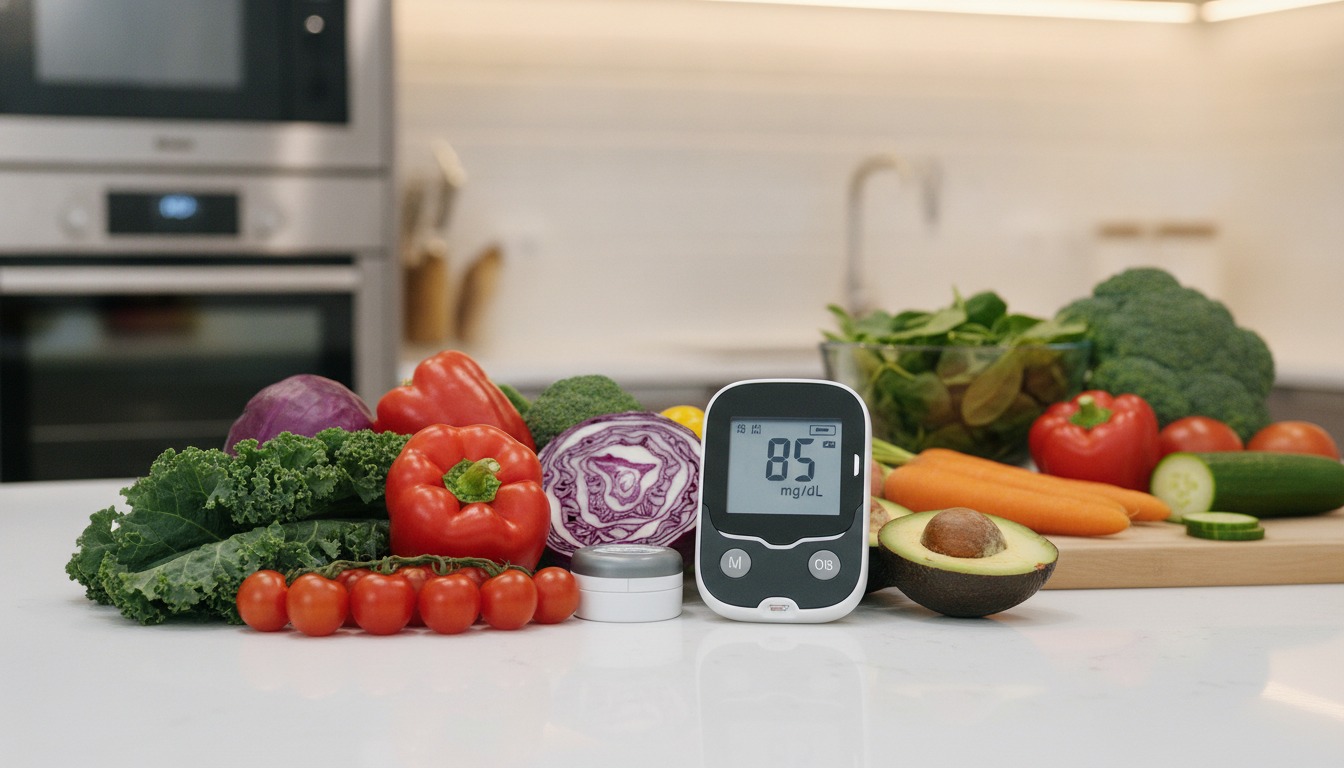 Blood glucose monitor next to fresh vegetables on a modern kitchen counter with bright overhead lighting
