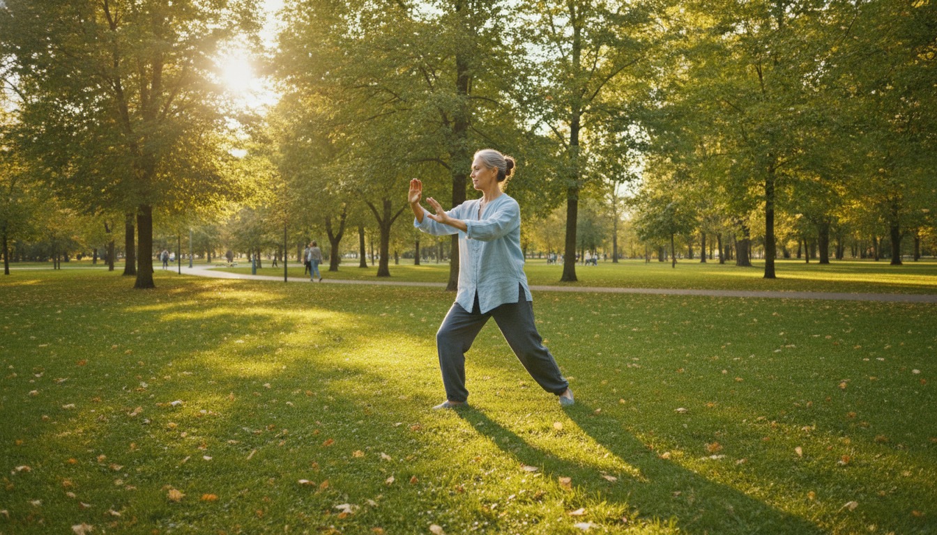 Active older adult doing tai chi in a sunlit park at golden hour with warm light and green trees