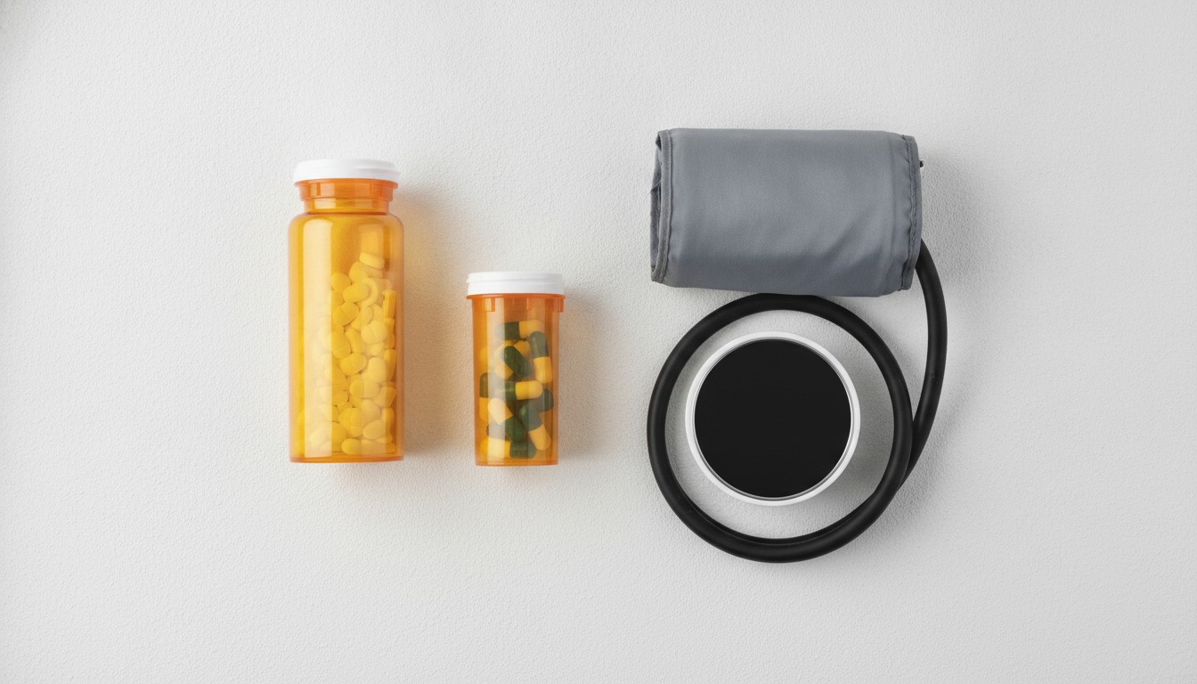 Overhead flat-lay of two amber prescription pill bottles beside a home blood pressure cuff on a white table