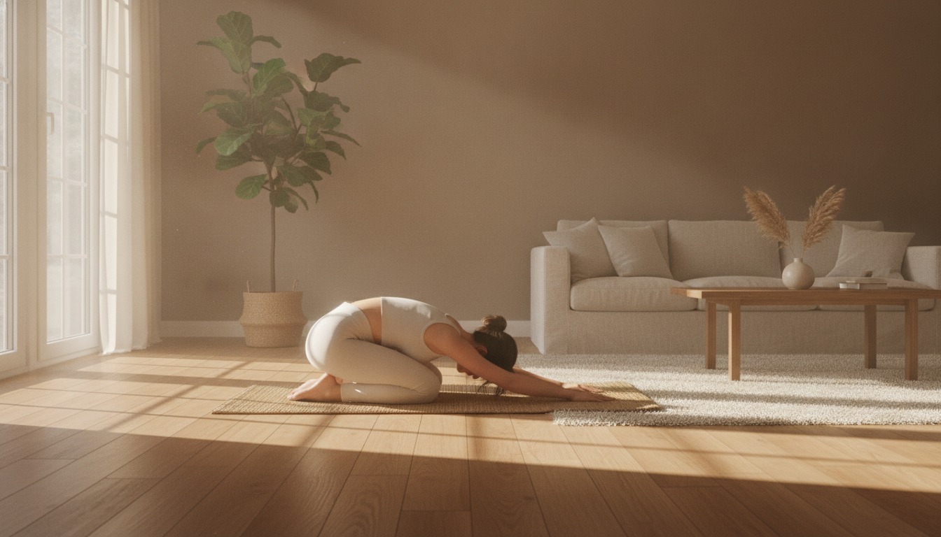 Person doing gentle yoga stretches on a mat in a sunlit living room with warm wood floors and soft natural light