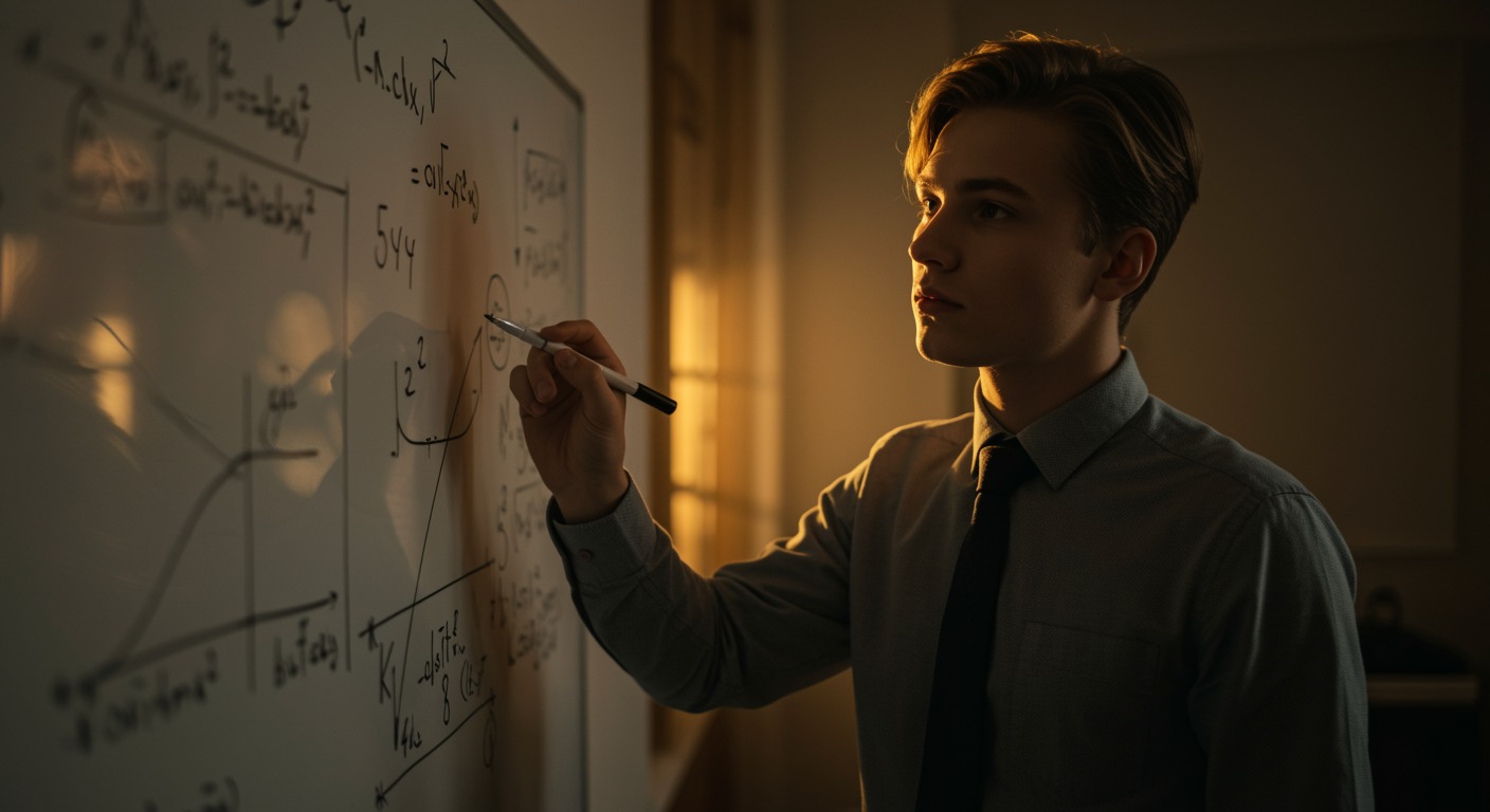 Sharp and focused young professional solving complex equations on a whiteboard, bright alert expression, warm natural lighting from a nearby window