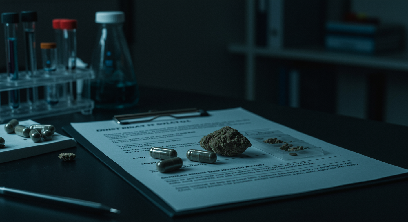Clinical trial setting with psilocybin capsules and placebo controls on research desk with double-blind protocol documentation
