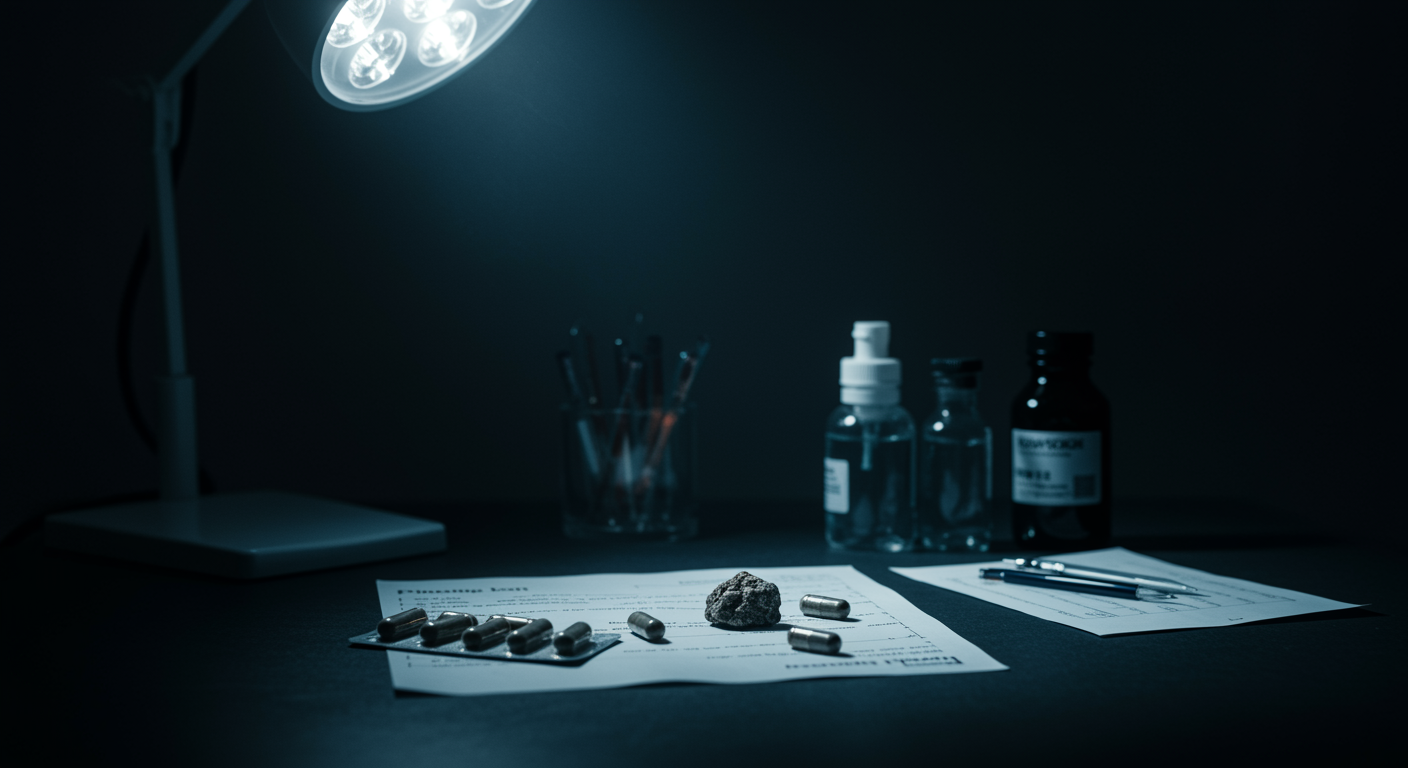 Clinical research setting with psilocybin capsules and psychological support materials on medical desk with professional lighting