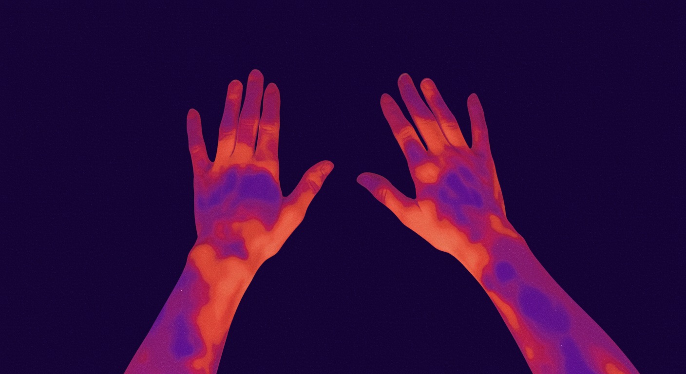 Photorealistic visualization of skin temperature changes during sleep onset, showing thermal patterns in hands and feet across different ages, soft thermal imaging lighting, no text