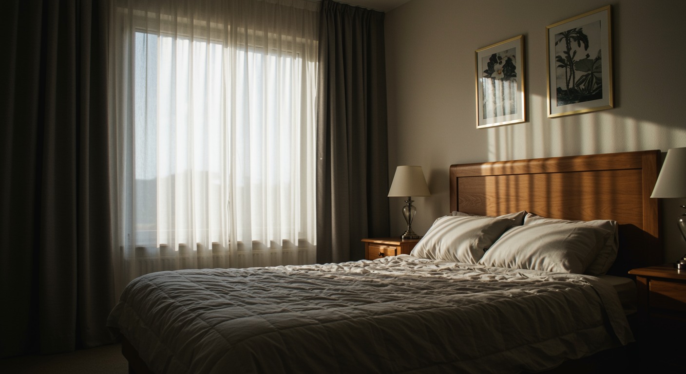Peaceful bedroom with soft natural morning light through curtains