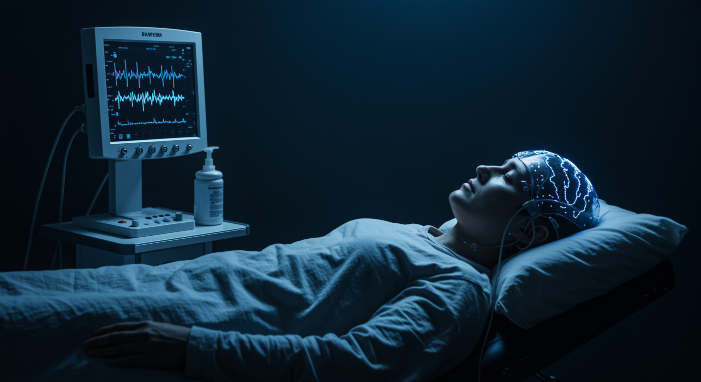 Person sleeping peacefully with brain wave monitoring equipment and cold therapy setup