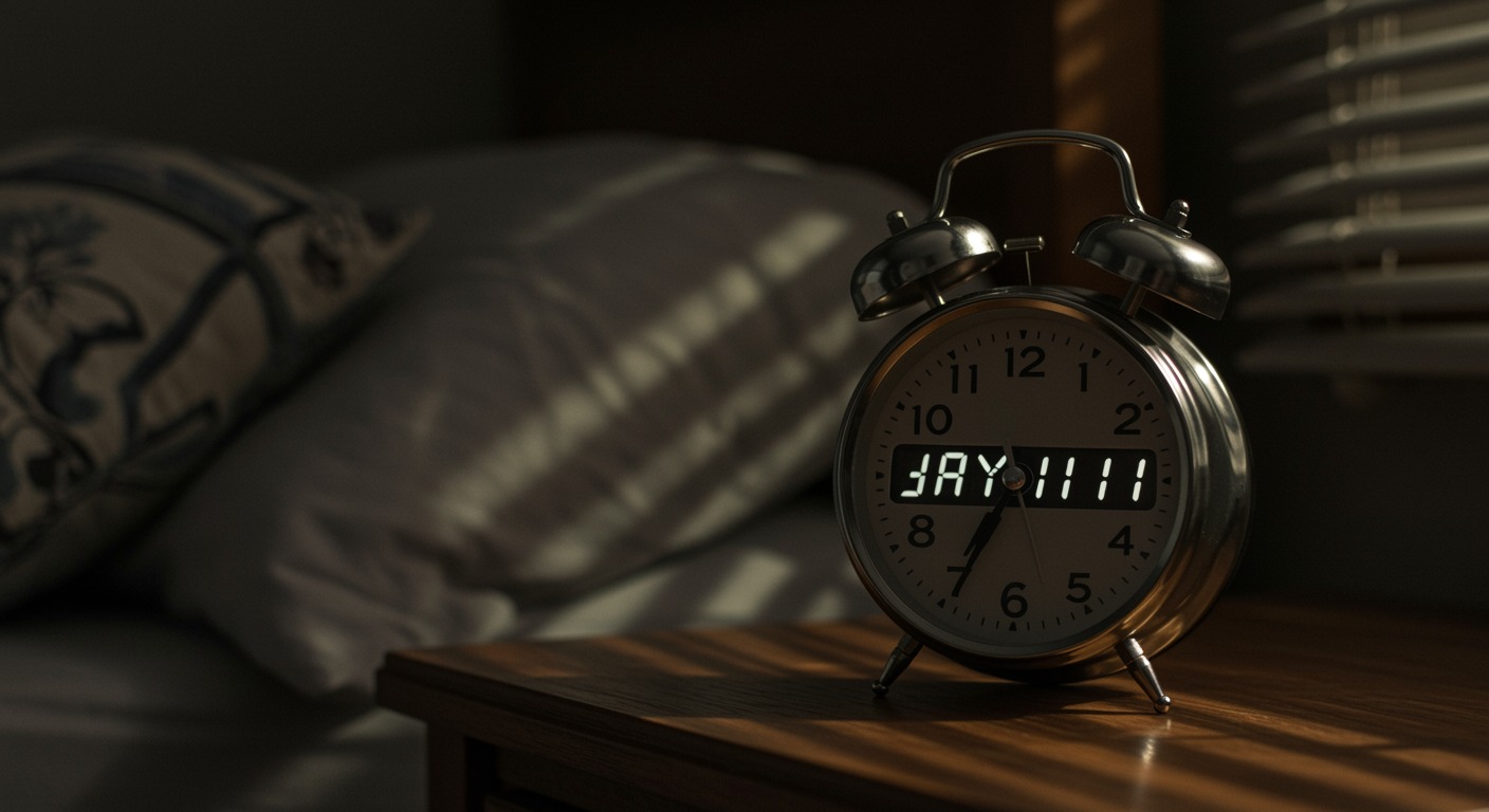 Alarm clock showing early morning time on a nightstand with cool pre-dawn light through blinds